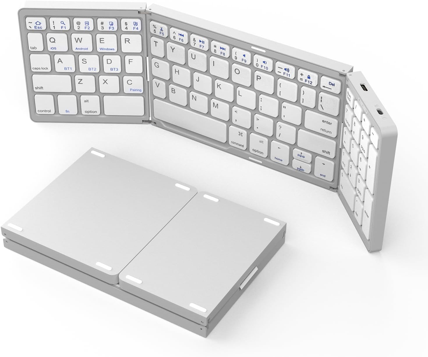 Foldable Bluetooth Keyboard, Wireless Portable with Numeric Keypad, USB-C Rechargeable Travel Keyboard for Laptop, Tablet, iPad, Smartphone (Silver)