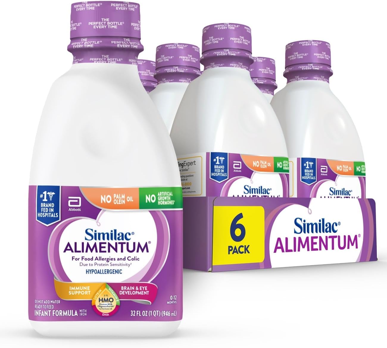 Similac Alimentum With 2'-FL HMO Hypoallergenic Infant Formula, for Food Allergies and Colic Due to Protein Sensitivity, Ready-to-Feed Baby Formula, 32-fl-oz Bottle, Pack of 6