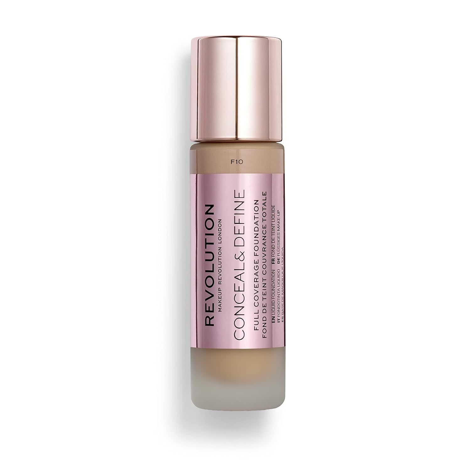 Makeup Revolution Conceal & Define Foundation, Cream Foundation Makeup, Full Coverage, For Medium Skin Tones, Vegan & Cruelty-Free, F10, 23ml
