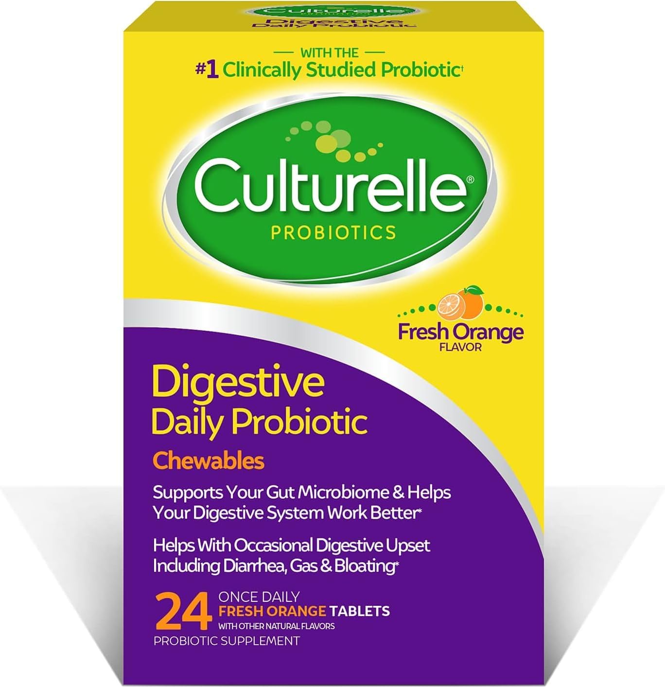 Culturelle Digestive Health Daily Probiotic for Women & Men Chewables 24 Ct | 10B CFUs of Lactobacillus rhamnosus GG, Inulin, Prebiotic, Sugar-Free, Orange Flavor, No Refrigeration