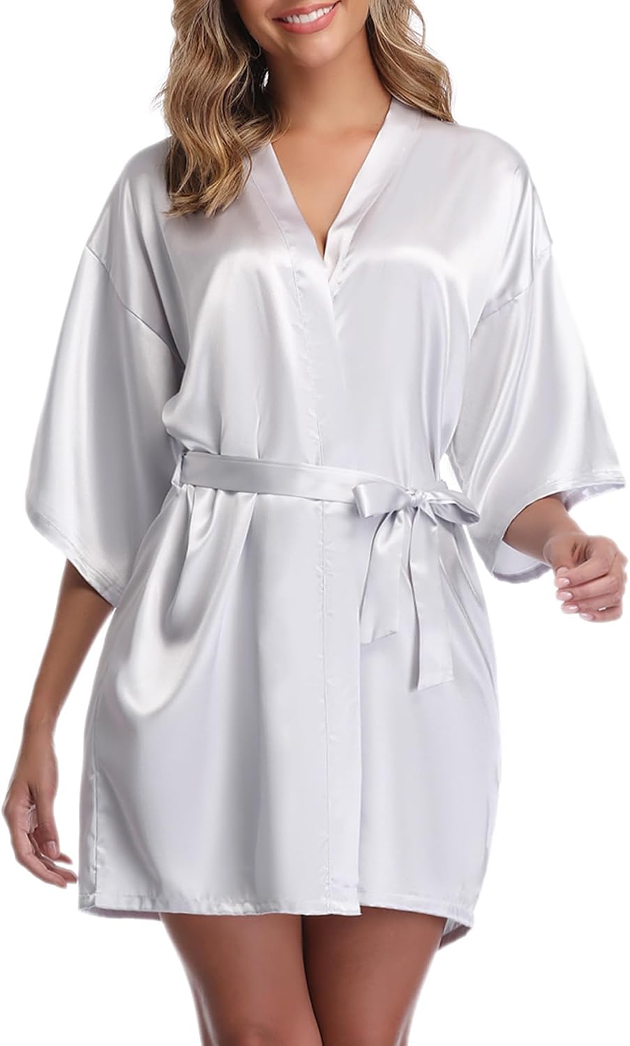 Vlazom Womens Kimono Robes Dressing Gown Satin Bathrobe Nightdress Short Style Bridal Robe with Oblique V-Neck