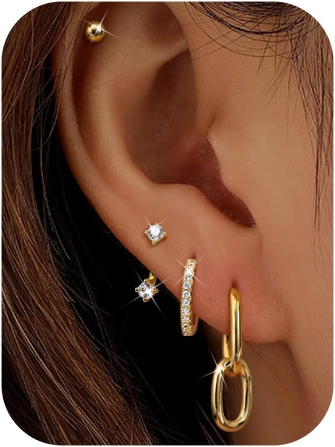 BESTEEL Small Gold Hoop Earrings for Women - Hypoallergenic Surgical Steel Flat Back Earring Sets for Multiple Piercing Cartilage Earing Stacks Silver Dangle Huggie Stud Jewelry Trendy 4 Pairs