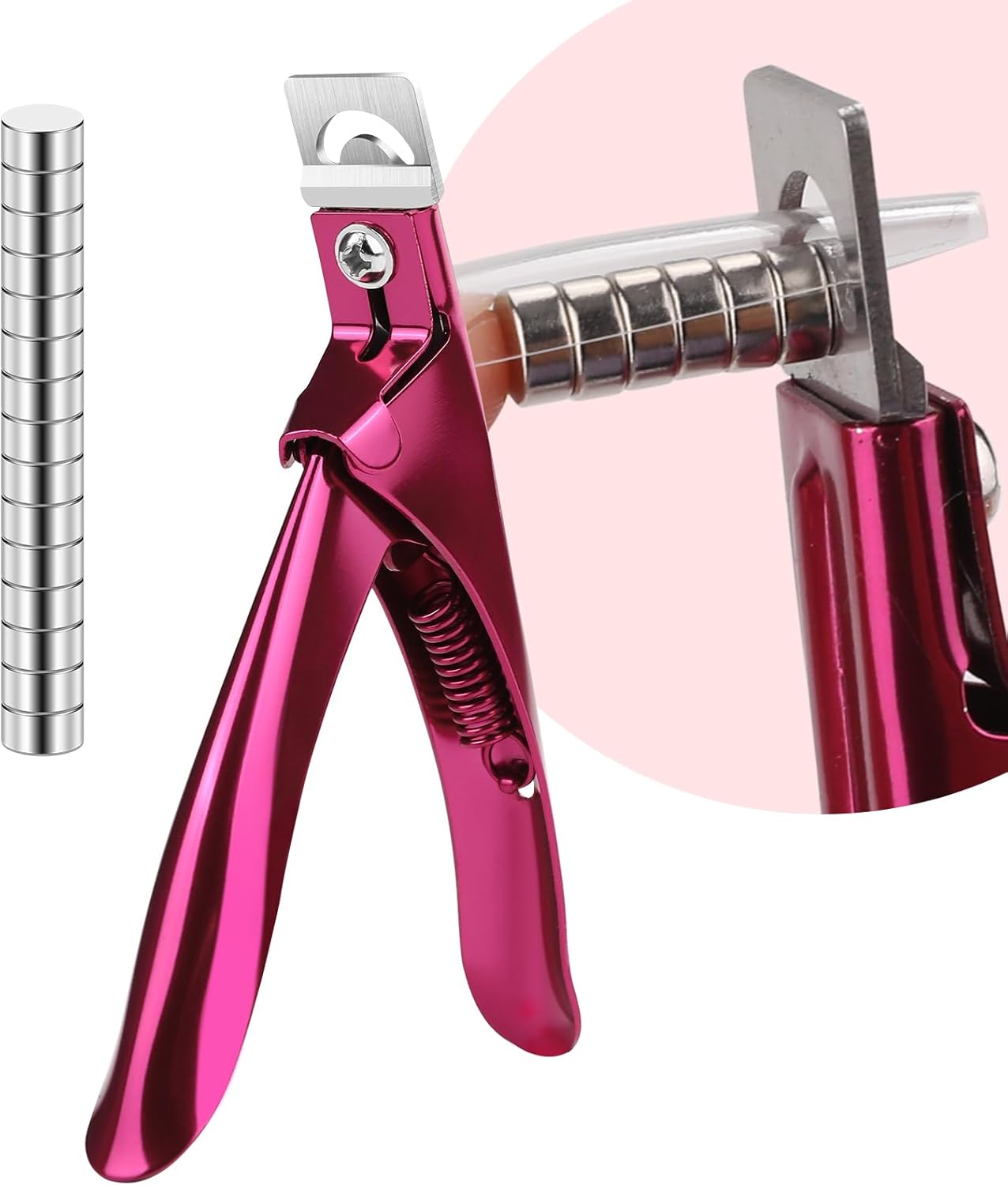 False Nail Clippers with Magnets Stainless Steel Nail Cutter for Acrylic Nail Nail Clippers with 15Pcs Small Magnets for Home Salon Nail Art (Pink)
