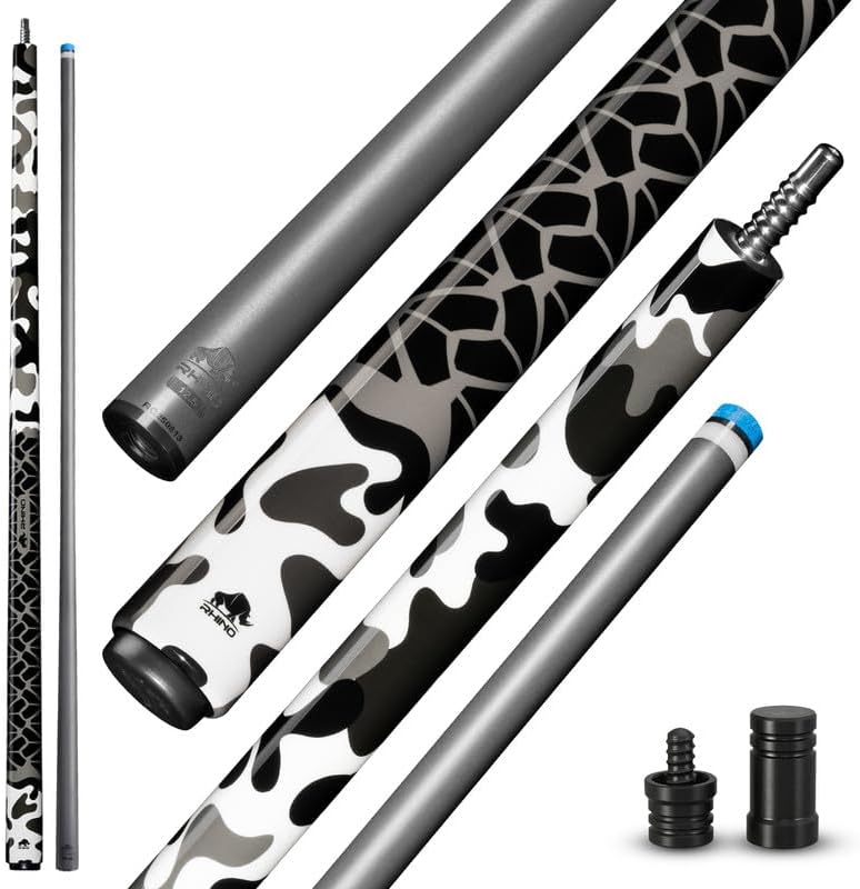 RHINO CAMO Carbon Fiber Pool Cue Stick, Low Deflection Carbon Shaft, Pro Taper, Camouflage Design, 12.5mm Time Crystal Tip, 3/8-8 Stainless Steel Joint