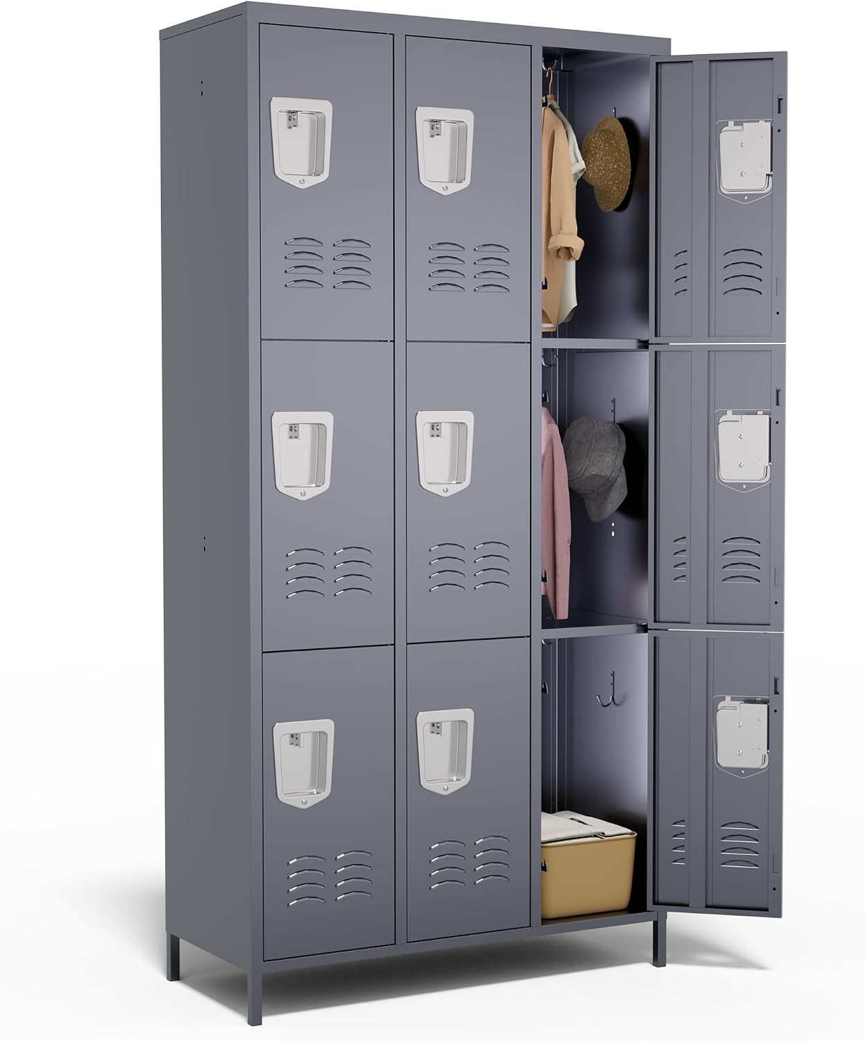 9 Door Metal Lockers for Employees,9 Heavy-Duty Hooks,72" Secure Storage for Home,Offices,Schools & Gyms | Gray