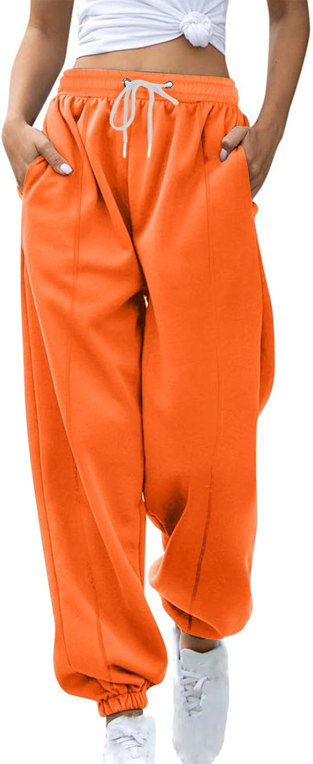 Fleece Lined Sweatpants Womens Drawstring Elastic Waisted Baggy Joggers Pants Casual Cinch Bottom Pockets Sweat Pants