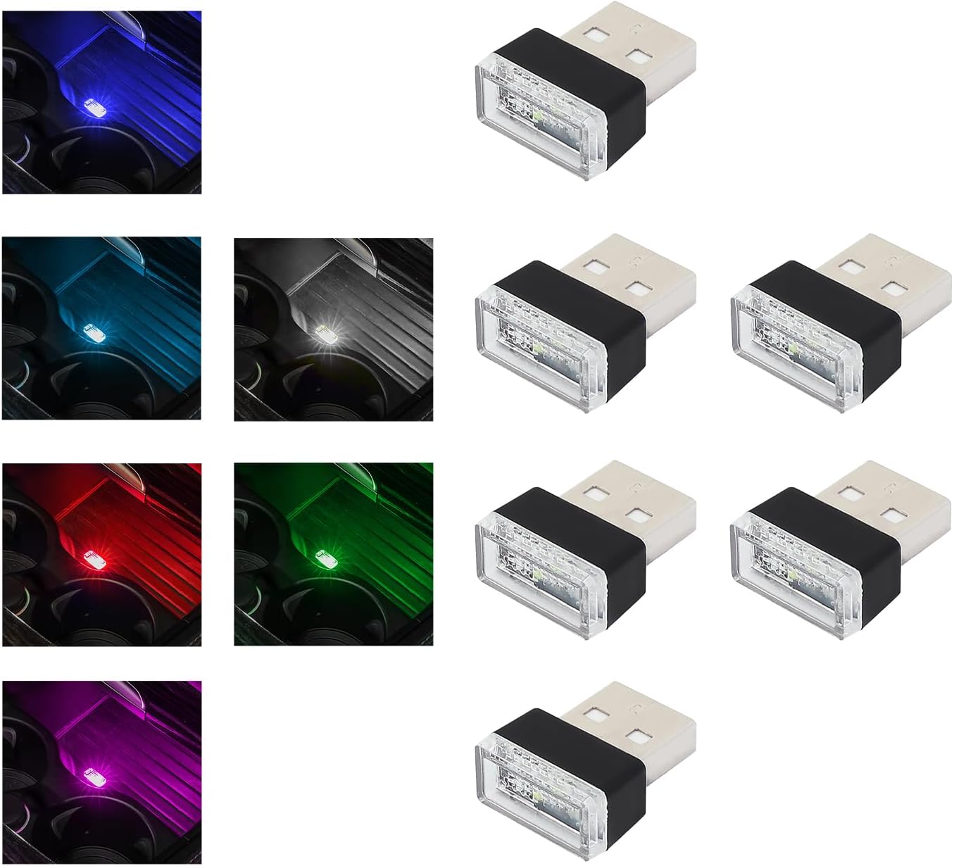 Augeny 6 PCS USB LED Car Interior Atmosphere Lamp, Plug-in USB Decor Night Light, Portable Auto Ambient Lighting Kit, Universal Vehicle Interior Accessories for Most Cars (6 Colors)
