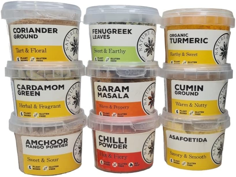 Nature Kitchen 9x Essential Indian Spices, Curry Spice Seasoning Set. Gluten-Free Herbs and Spices for Cooking Recipes. Includes Cumin, Turmeric, Amchoor, Fenugreek, Cardamom and More