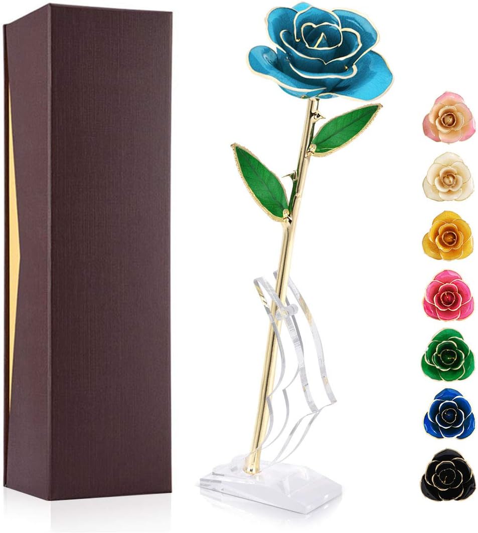 Ejoyous for Mom, Rose Dipped in 24K Gold Romantic Proposal Present for Girlfriend Wife Her on Birthday Christmas Day Valentines Day Anniversary, Light Blue Rose with Rose Stand
