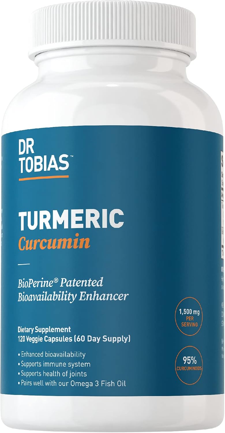Dr. Tobias Turmeric Curcumin Supplement with BioPerine & Black Pepper, Extra Strength Curcumin Supplements for Joint Support,1500 mg per dose with 95% Curcuminoids, 120 Capsules