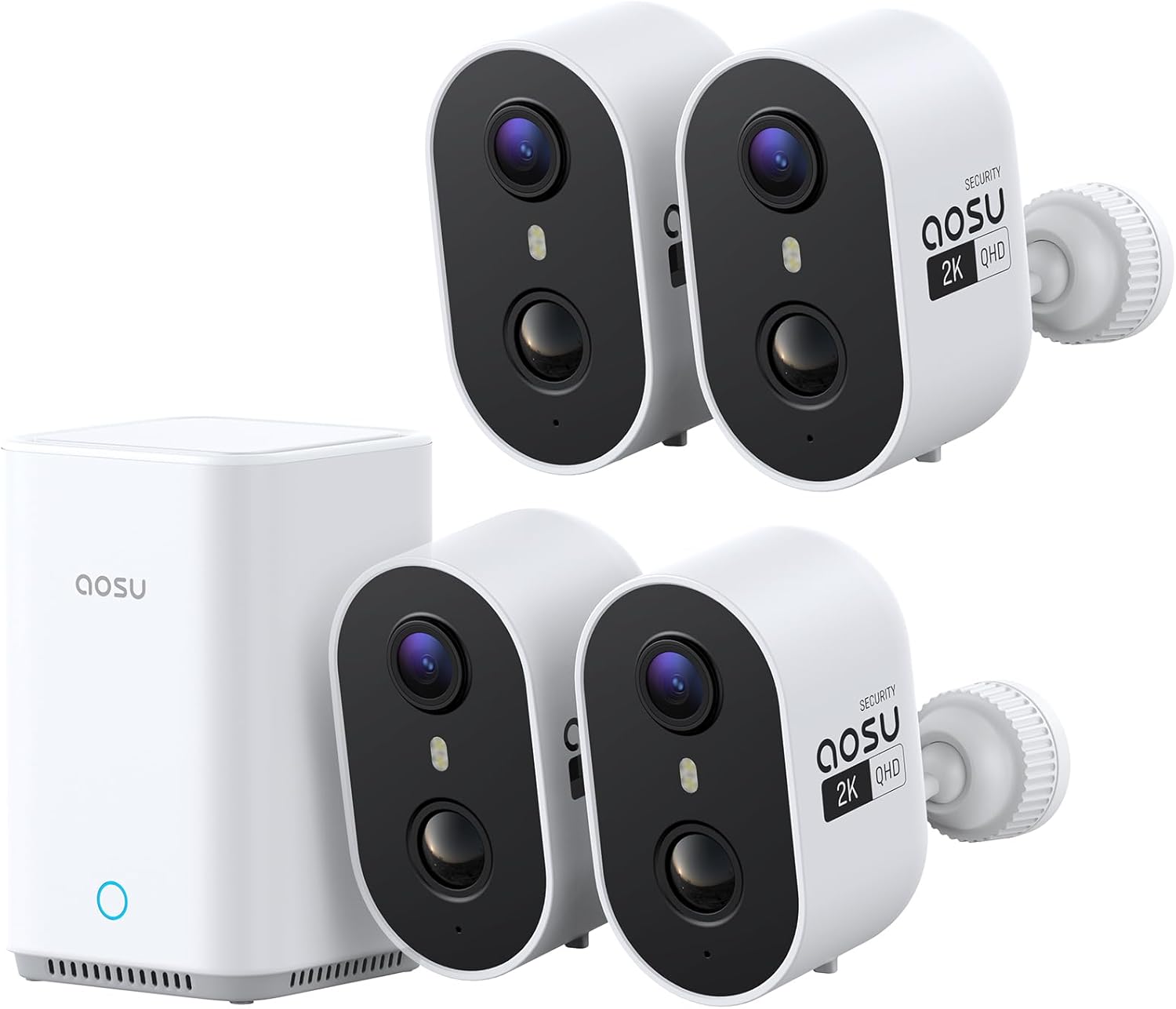 aosu 2K Security Cameras Wireless Outdoor, 4 Cam Kit System & 2.0 aosuBase, No Subscription Required, 32GB Local Storage, Expandable 1TB, Sound & Light Alarm Full Color Night Vision PIR & AI Detection