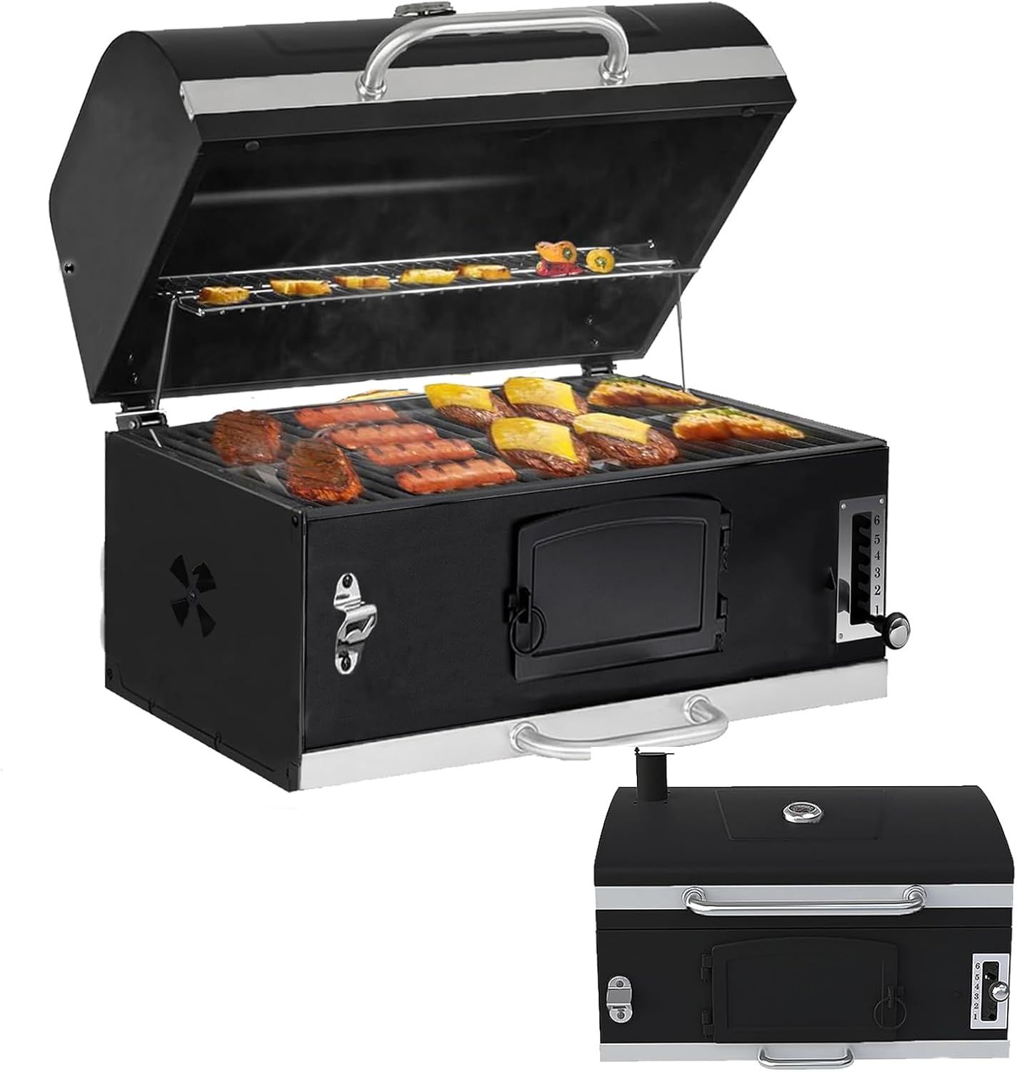 Large Charcoal bbq Grill, Built-in Barbecue Grills with Liftable Tray, Insulated Hood & Temp Gauge, Black Stainless Steel Charcoal BBQ Barrel Grill for Outdoor Kitchen Camping Park Style