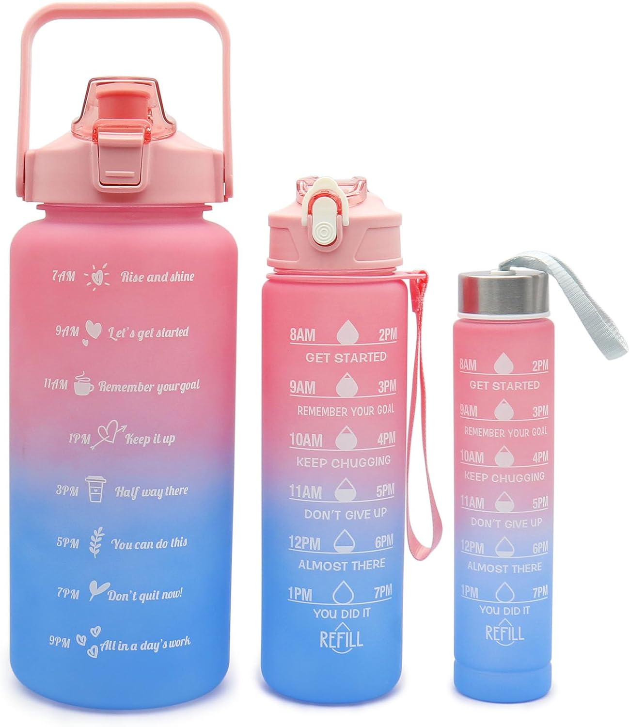 BOODPET 3-Pack Motivational Water Bottles with Time Markers – 2L + 750ml + 280ml Leakproof BPA-Free Tritan Bottles – Gradient Pink & Blue Reusable Hydration Set for Gym, Office & Travel