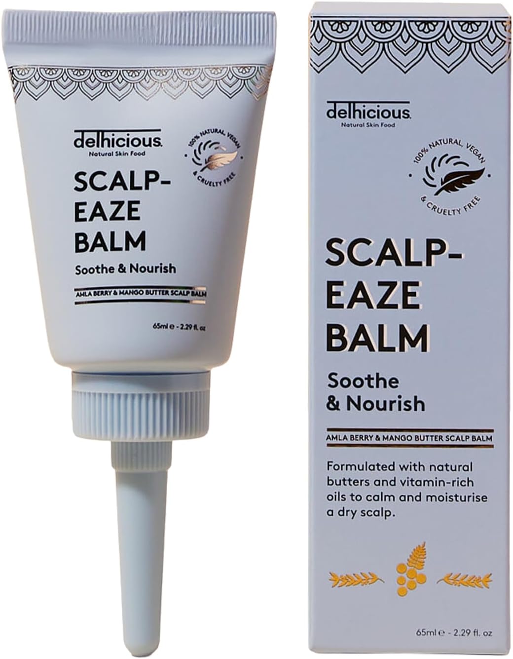 Delhicious Dry Itchy Scalp Treatment Moisturiser Balm - Amla Hair Oil, Shea Butter & Mango Butter - Scalp-Eaze - Psoriasis Scalp Treatment, Dry Scalp Serum - SLS Free, Natural, Vegan, Ayurveda - 65ml