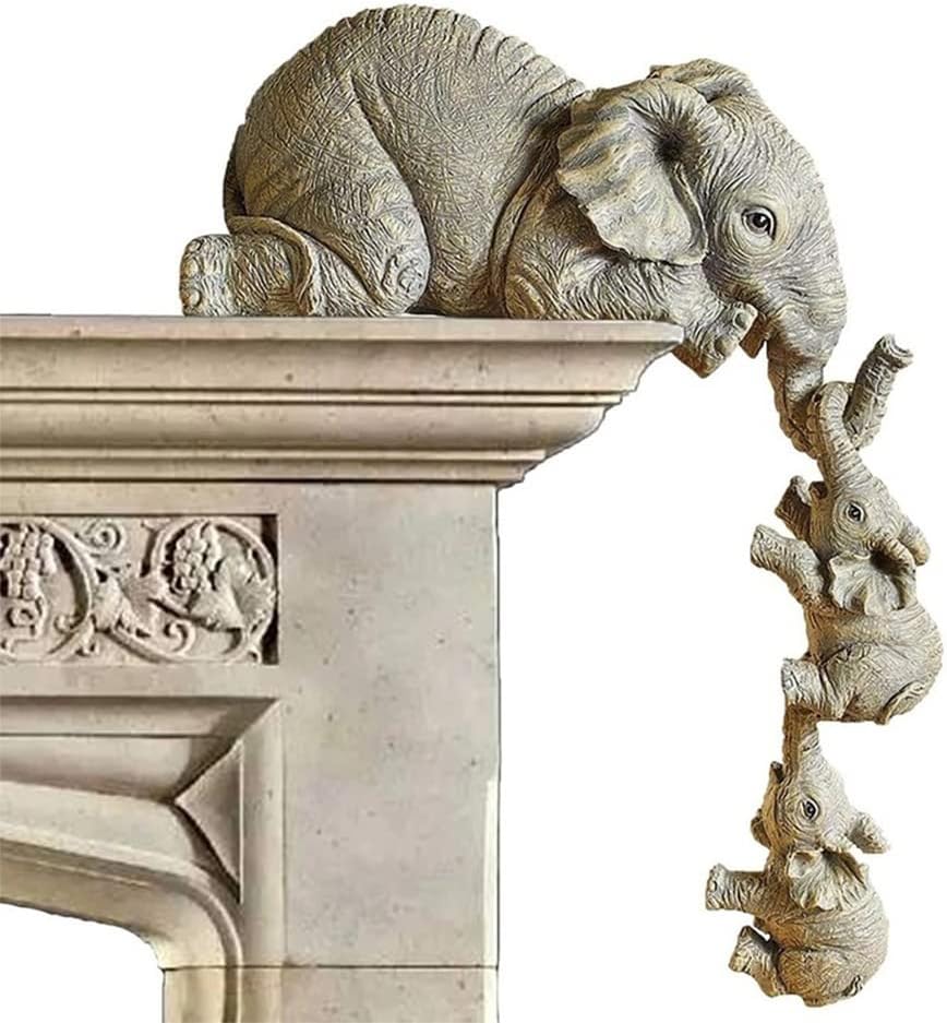 LSLANSOON Elephant Shelf Sitter - Mother and 2 Baby Elephants, Hand-Painted Resin Collectible Figurines for Home Decor Gift