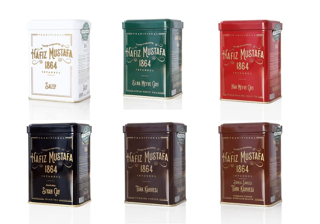 Hafiz Mustafa 1864 Istanbul, Variety Pack of Pomegranate Tea, Apple Tea, Black Tea, Turkish Coffee, Mastic Gum Coffee, Salep, Total 6 Tins Gift Ideas for Birthday, Christmas