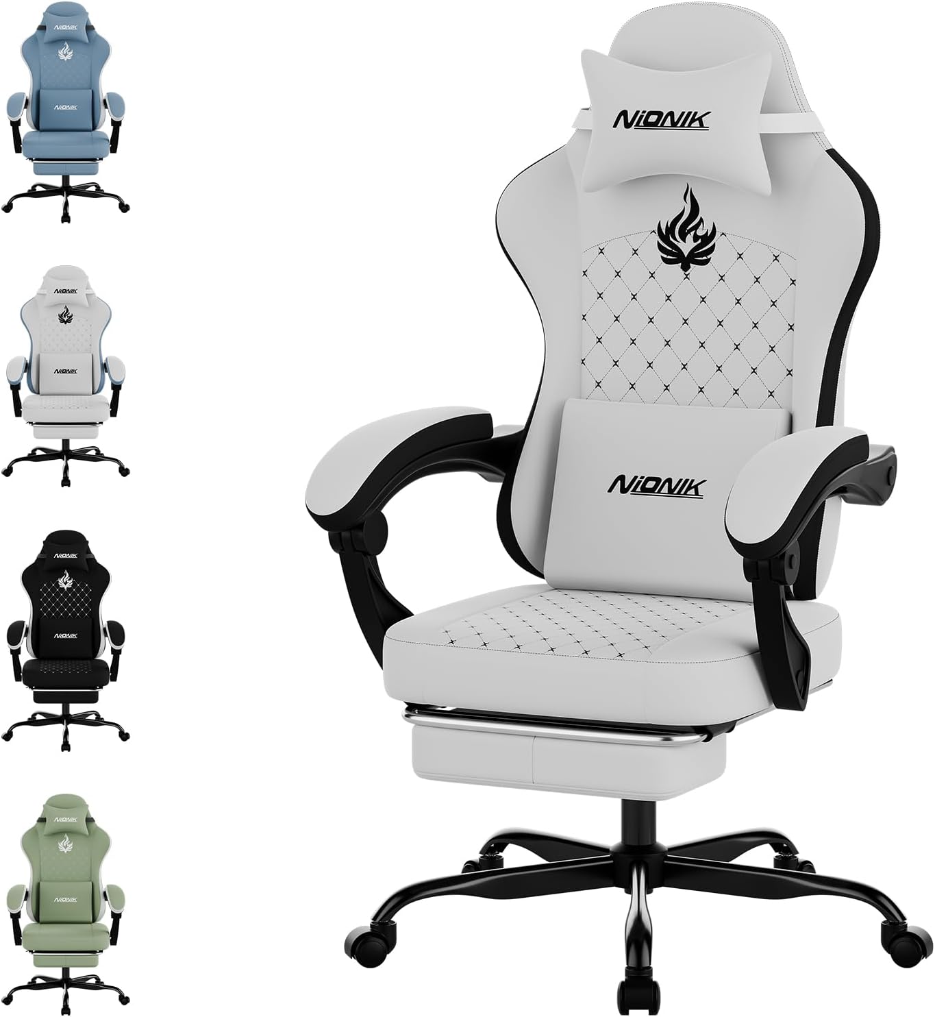 Gaming Chair with Massage,Ergonomic PC Gaming Chair Computer Chairs with Footrest Comfortable Headrest and Lumbar Support, High Back WHITEBLACK