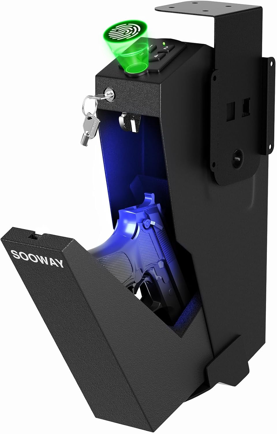 Gun Safe, Mounted Biometric Pistol Safe Drop Down Gun Lock Box for Handgun with 3 Ways Quick Access Bedside Pistol Case for Nightstand, Desk, Wall, Dresser