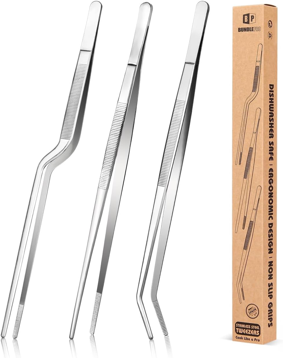 12 inch Fine Cooking Tweezers Set, Professional Stainless Steel Food Tongs, Kitchen Silver Long Chef for Cooking, Plating, Decorating and BBQ
