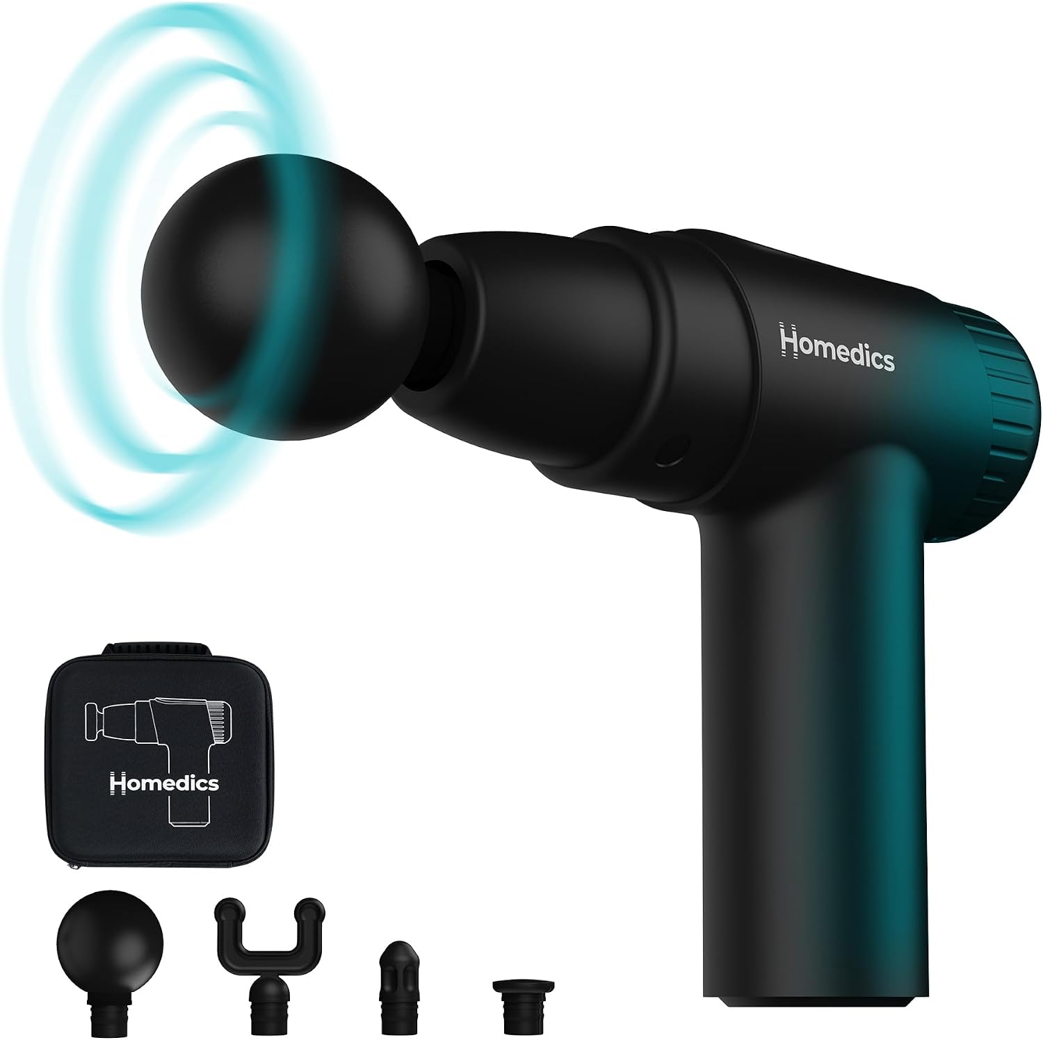 HoMedics NOVO Mini Massage Gun - Heated Electric Handheld Massagers with 4 Attachments & 6 Intensity Settings, Deep Tissue Vibrating Massager for Discomfort Relief, Percussion Massage - Black