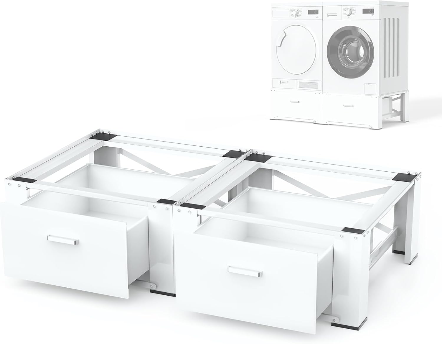 SKM Washer and Dryer Pedestals 2-Pack with Drawer - Universal Laundry Pedestal for Stacked Washer & Dryer Units, 28" Steel Washing Machine Stand Raiser, 14.3" Height Elevation White