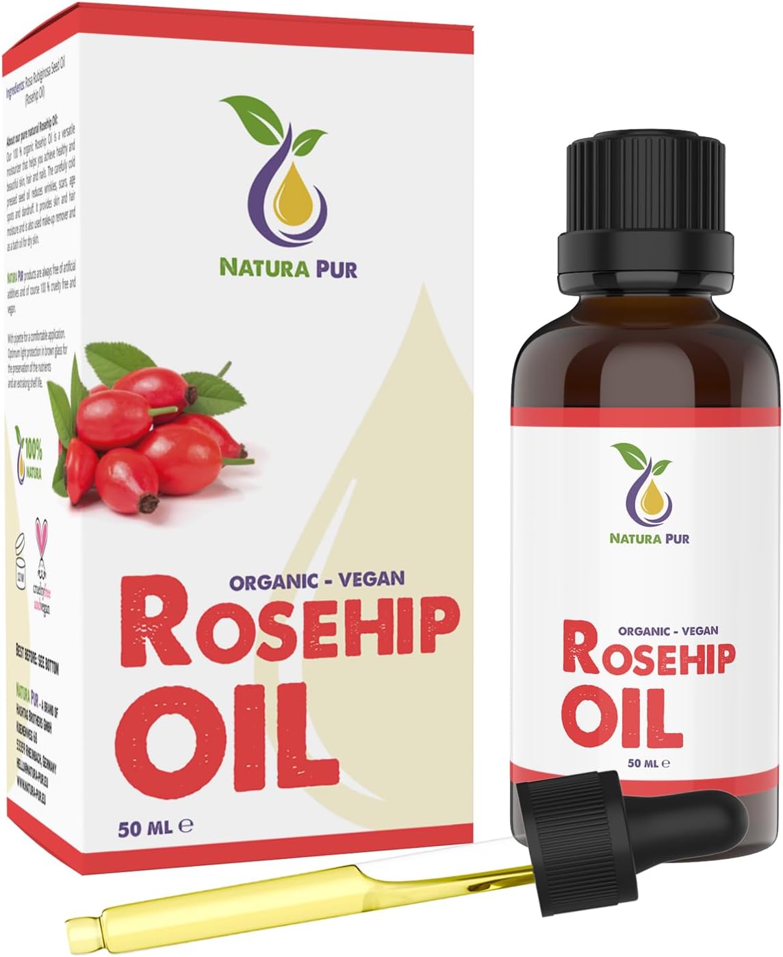 Rosehip Oil 50ml - 100% organic, cold pressed, vegan - Anti-aging Rose Hip Seed Oil for face, skin, body, hair, hands