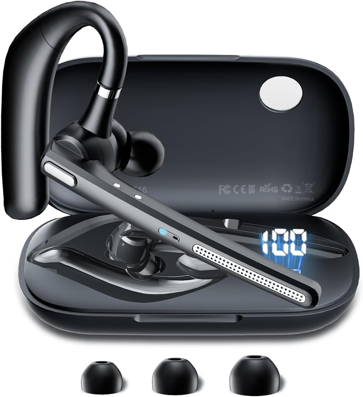 Bluetooth Headset V5.3, Wireless Earpiece with 500mAh Charging Case Hand-Free Headphones Noise Canceling Mic for Office/Driving/Business
