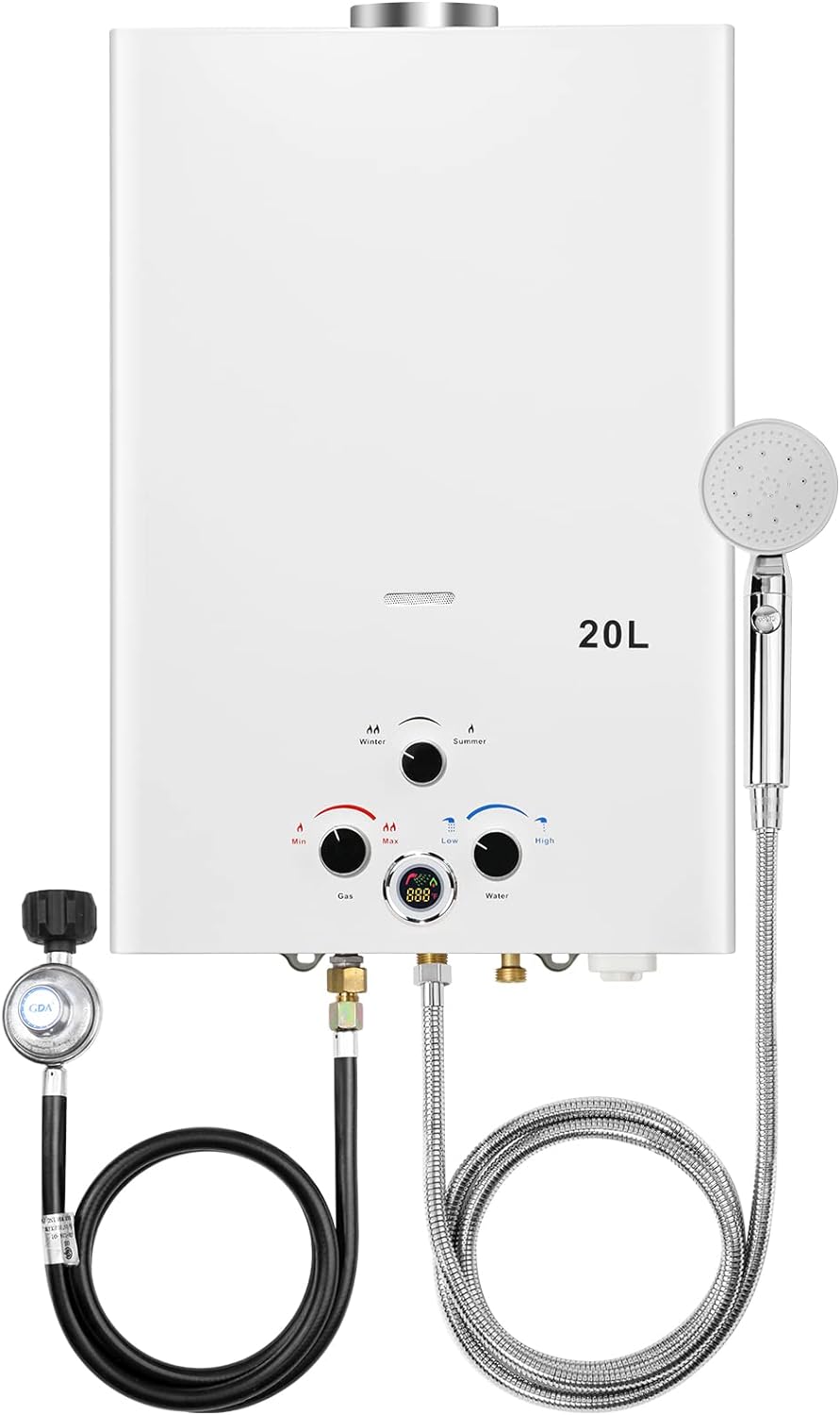 Tankless Water Heater Propane 5.26GPM 20L Outdoor Portable Gas Hot Water Heaters Instant Propane Water Heater with Digital Display Multi-Protection for Camping Trips Boat Cabins