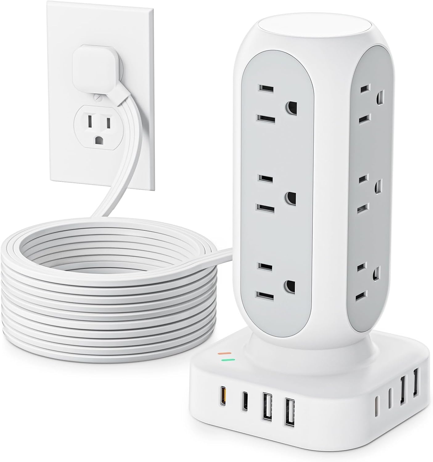 Flat Plug Power Strip Tower, 40W Total Fast Charging Station, Dual PD 20W USB-C Surge Protector with 12 AC Outlets and 8 USB Ports (4 USB C), 10FT Extension Cord for Home Office Dorm Room