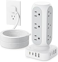 Flat Plug Power Strip Tower, 40W Total Fast Charging Station, Dual PD 20W USB-C Surge Protector with 12 AC Outlets and 8 USB Ports (4 USB C), 10FT Extension Cord for Home Office Dorm Room