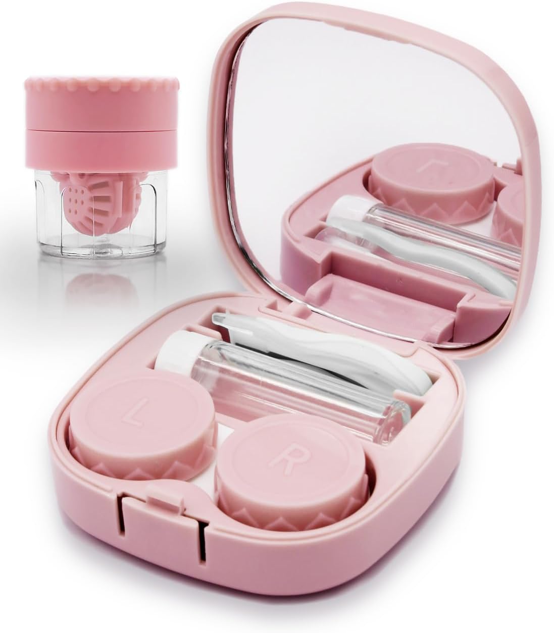 Vastsoon Contact Lens Case with Cleaner Washer, Travel Size Cute Colored Contact Lenses Applicator Removal Tool Kit with Mirror Solution Bottle for Daily Outdoor (Pink)