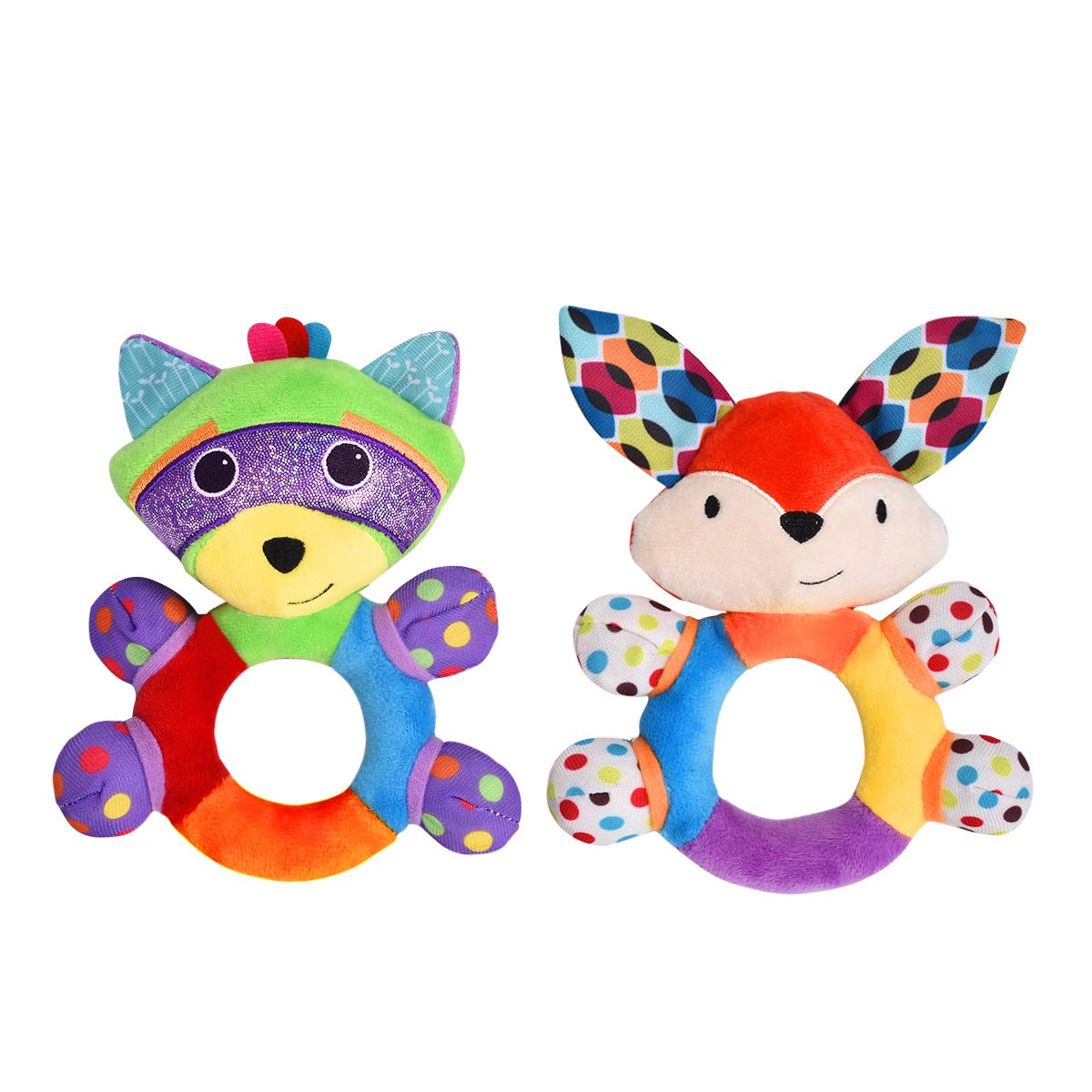 Teething Rattle Toys, Infant Girl Boy Learning Toy Newborn Soft Handbell Grab Shaker Crinkle Squeaky Sensory Travel Accessories for 0 3 6 9 12 Months Old