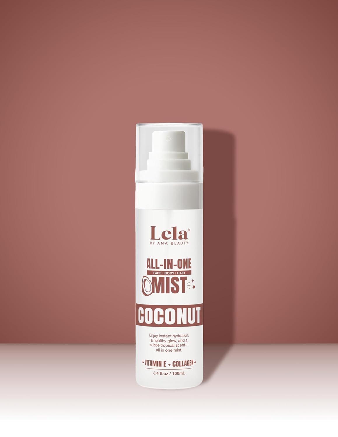 Lela Beauty All In One Coconut Mist – Hydrating Face, Body & Hair Spray with Vitamin E & Collagen, Dewy Finish, Glowing Skin, Tropical Coconut Scent, Soothes Redness, Sets Makeup, 3.4 fl. oz / 100 mL