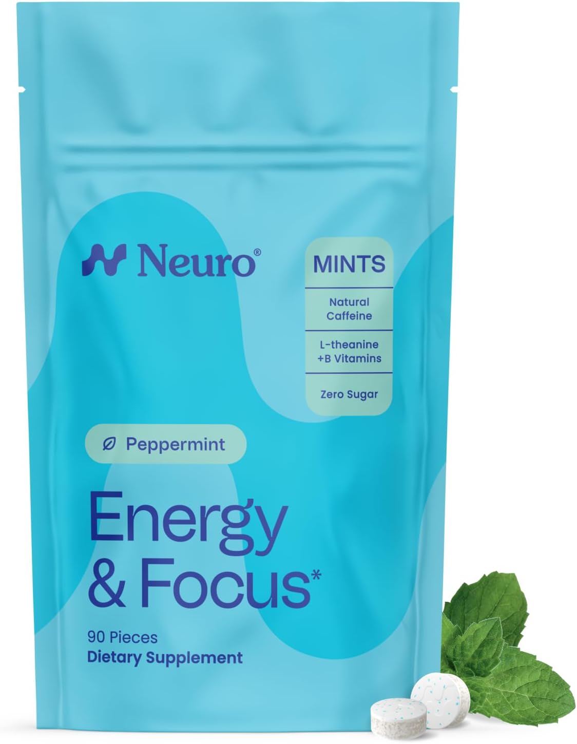 Neuro Energy & Focus Mints - Sugar Free Breath Mints with 40mg Natural Caffeine, B Vitamins & L-Theanine - Vegan Brain Supplement for Exercise, Study & Daily Focus - Peppermint, 90 ct