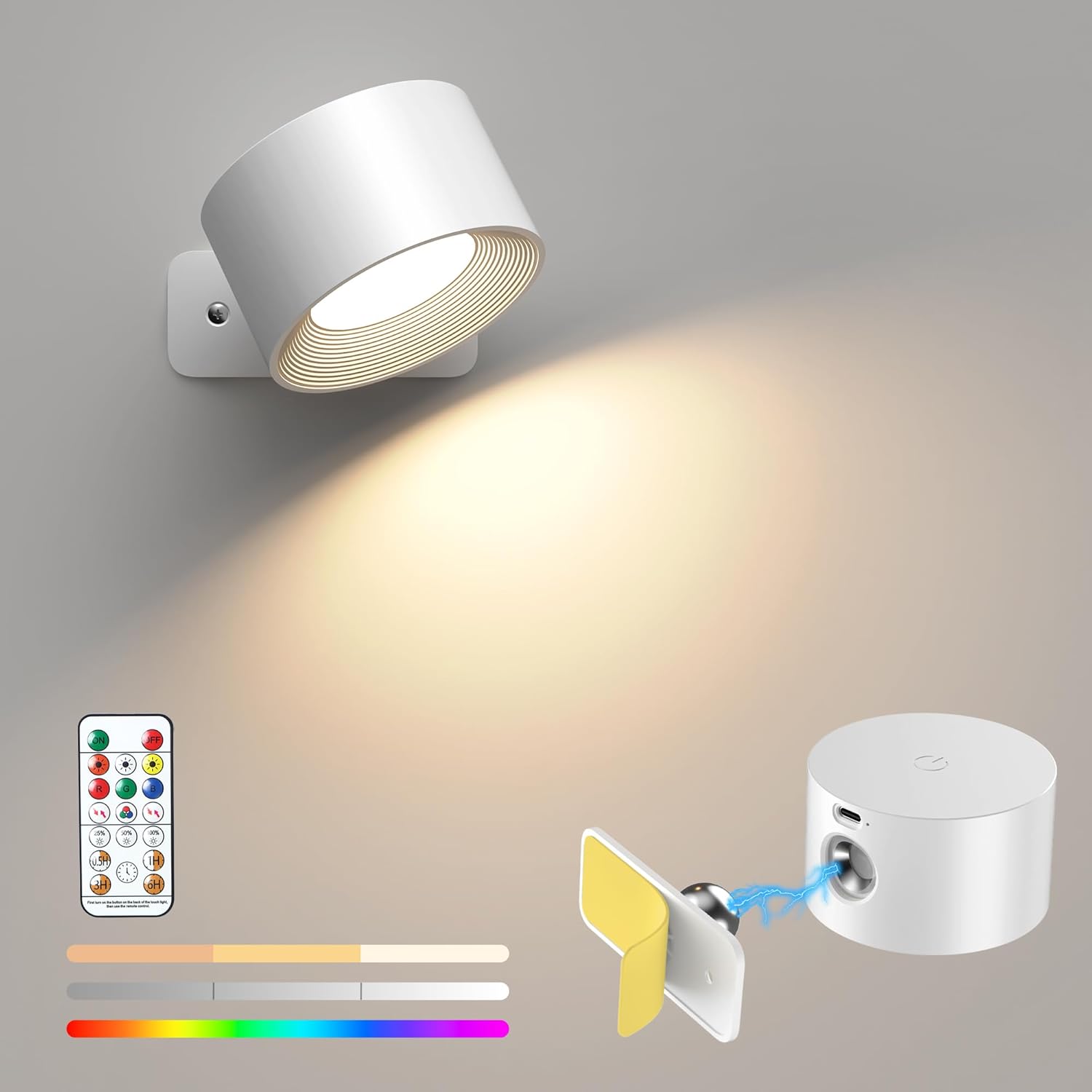 Mexllex Battery Operated Wall Light with 16 RGB Lights, Rechargeable Wall Lamp with Remote Control, 360° Rotatable Wall Sconce Wireless Reading Light, Magnetic Bedside Wall Lamp, White