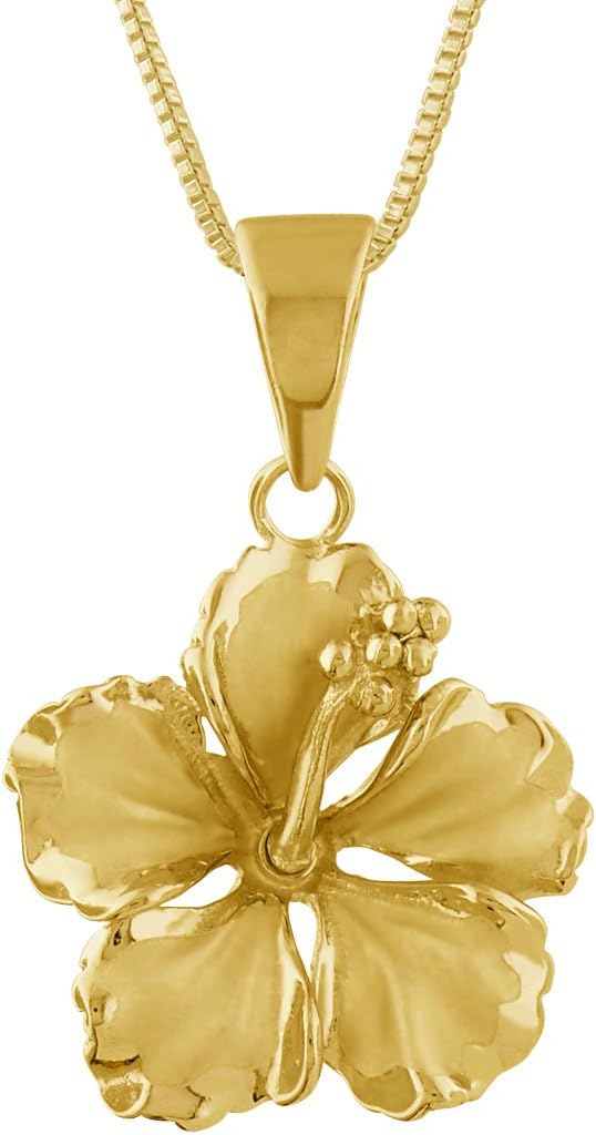 Sterling Silver 17mm Hibiscus Pendant Necklace, 16+2" Extender