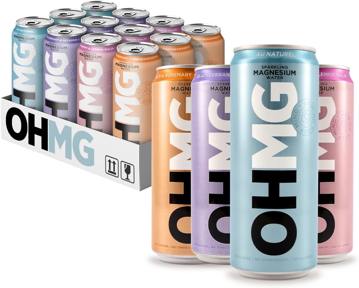 OHMG Sparkling Magnesium Water Variety Pack - 12 x 330ml cans | Zero-Calorie Magnesium Drink Featuring Magnesium Glycinate, Citrate & Malate | Sugar-Free, 100mg of Essential Magnesium Supplement