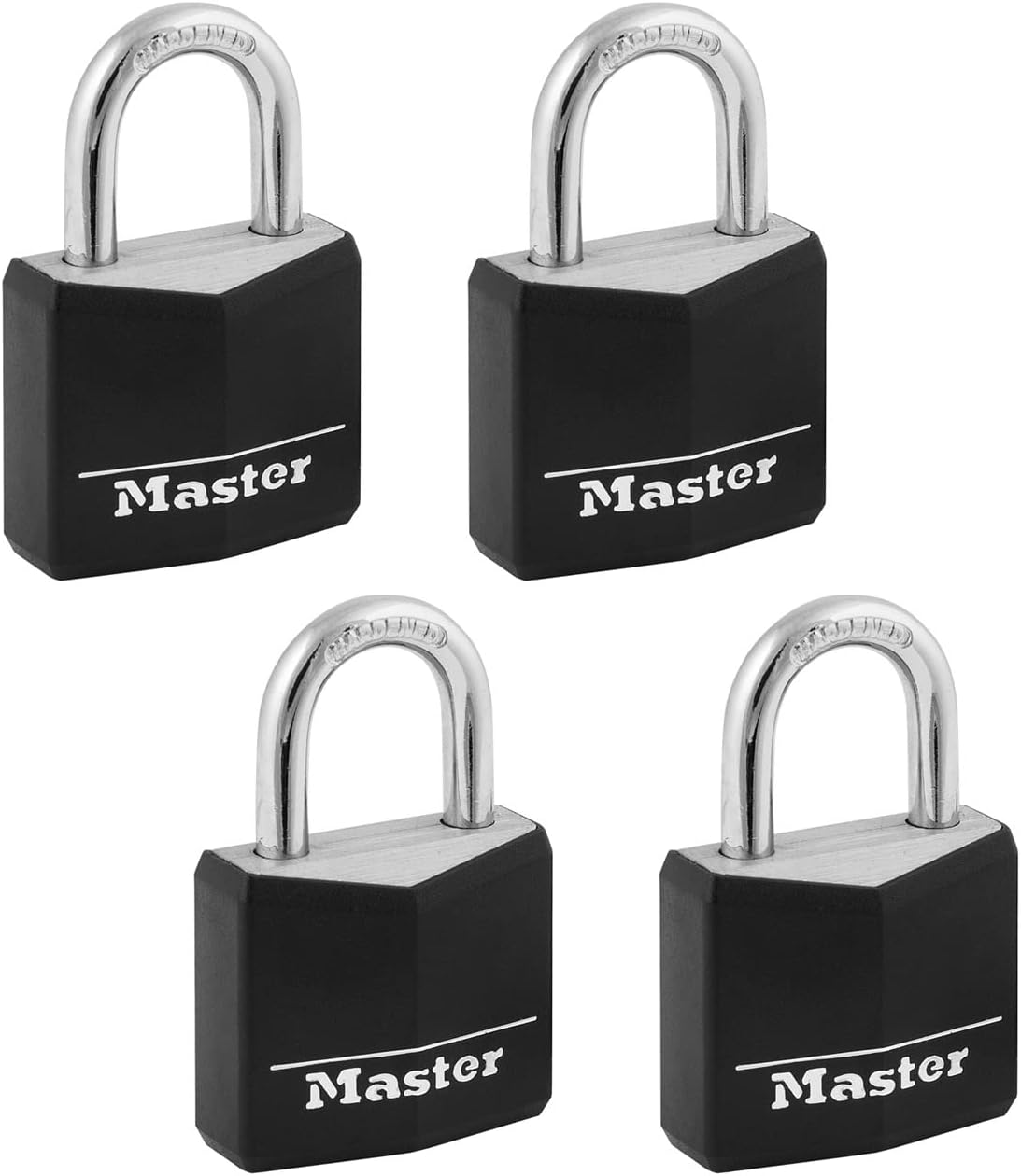 Master Lock Black Outdoor Key Lock, Standard Weather Resistant Padlock with Cover, Keyed Alike Padlocks for Lockers, Fences, Sheds, or Other Equipment, 4 Pack, 131Q