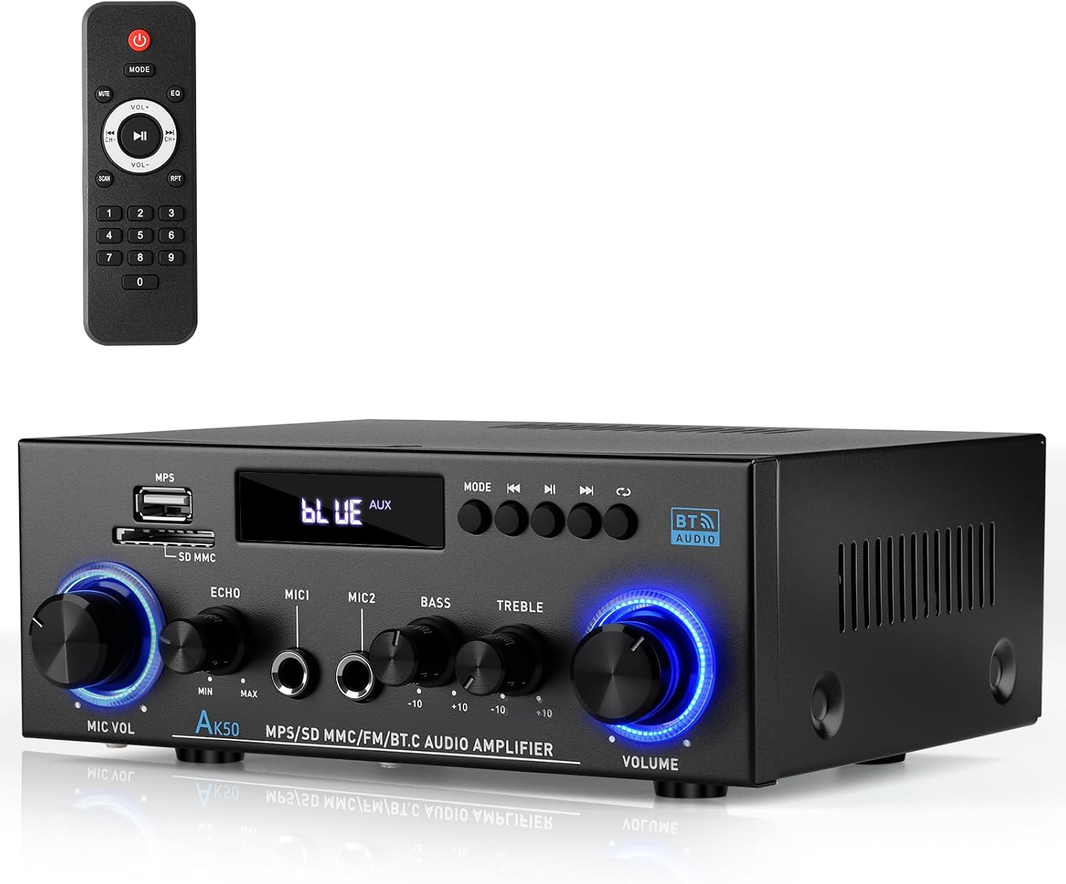 Romicta Stereo Audio HiFi Amplifier, 800W Bluetooth Amplifier 5.0, 2 Channels 12V/230V, LCD Display, SD/USB, FM Radio, Compatible with Active subwoofer and passive speakers