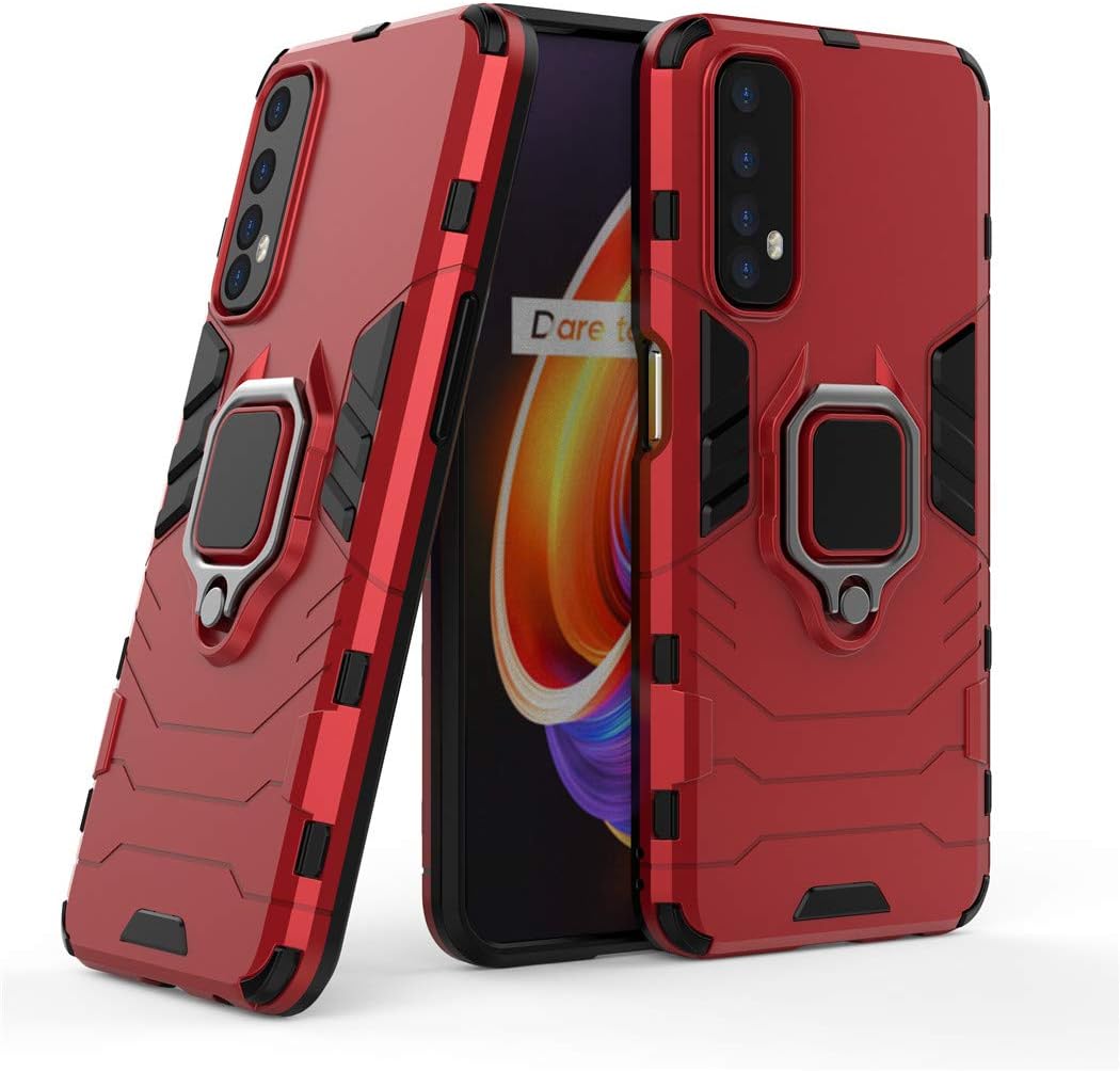 Compatible with Realme7 Case, Metal Ring Grip Kickstand Shockproof Hard Bumper (Works with Magnetic Car Mount) Dual Layer Rugged Cover for Oppo Realme 7 (Red)