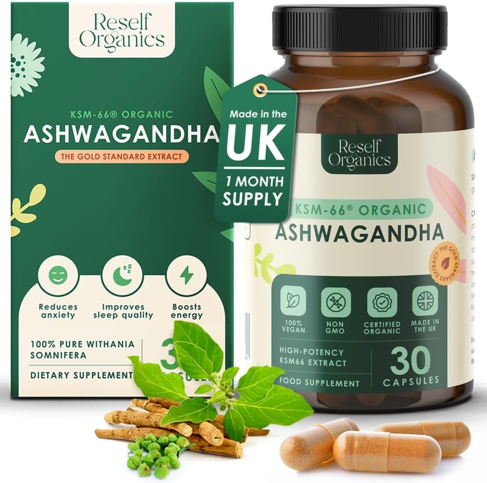 Organic Ashwagandha KSM-66® Extract - 30 Capsules 550mg 1 Month Supply - High Strength Supplement for Performance Energy Boost Muscle Recovery Immune Support - Made in England by Reself Organics