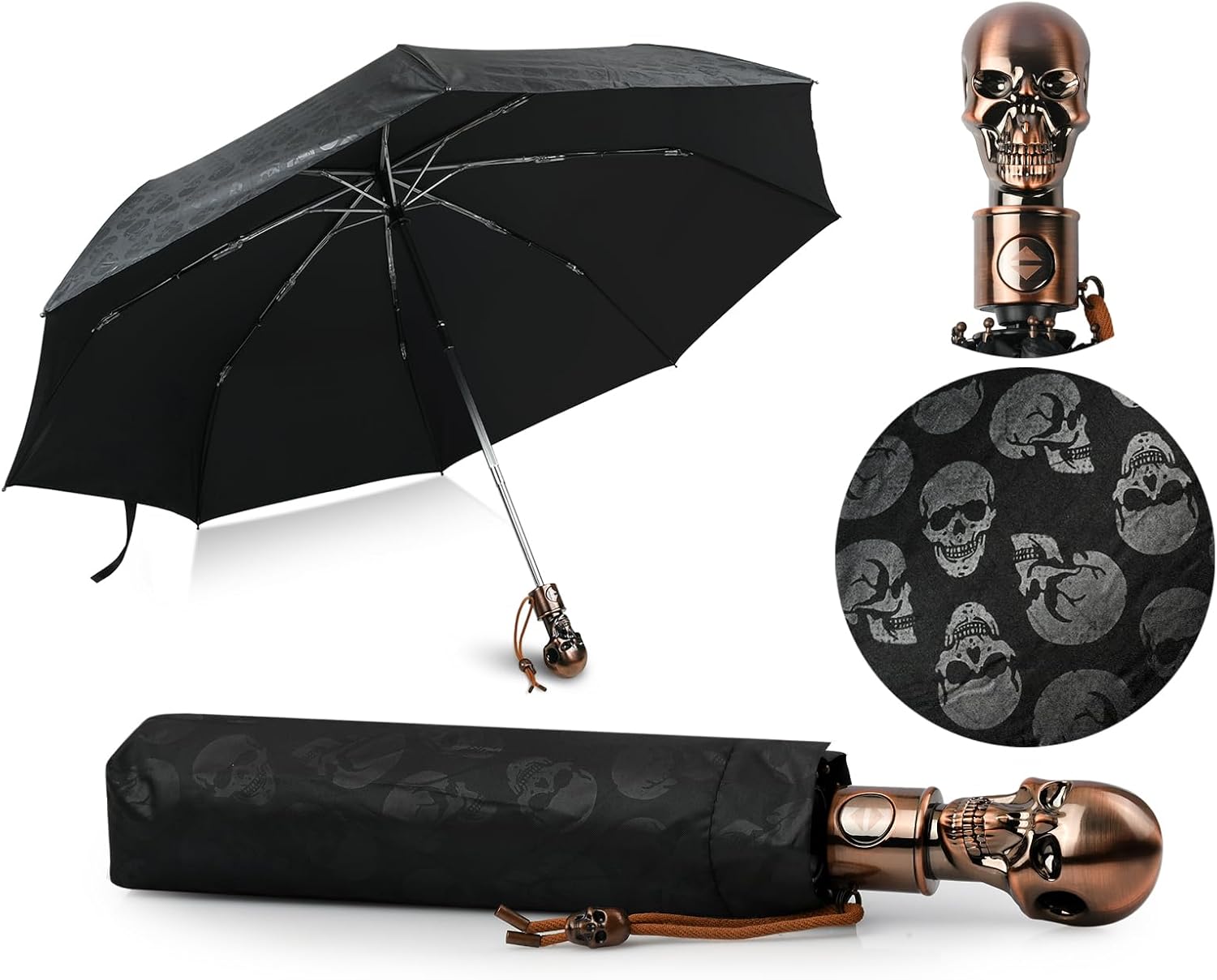 DS. DISTINCTIVE STYLE UV Umbrella Skull Folding Umbrella Automatic Open and Close Sun Parasol for Walking with Black Anti-UV Rubber Layer