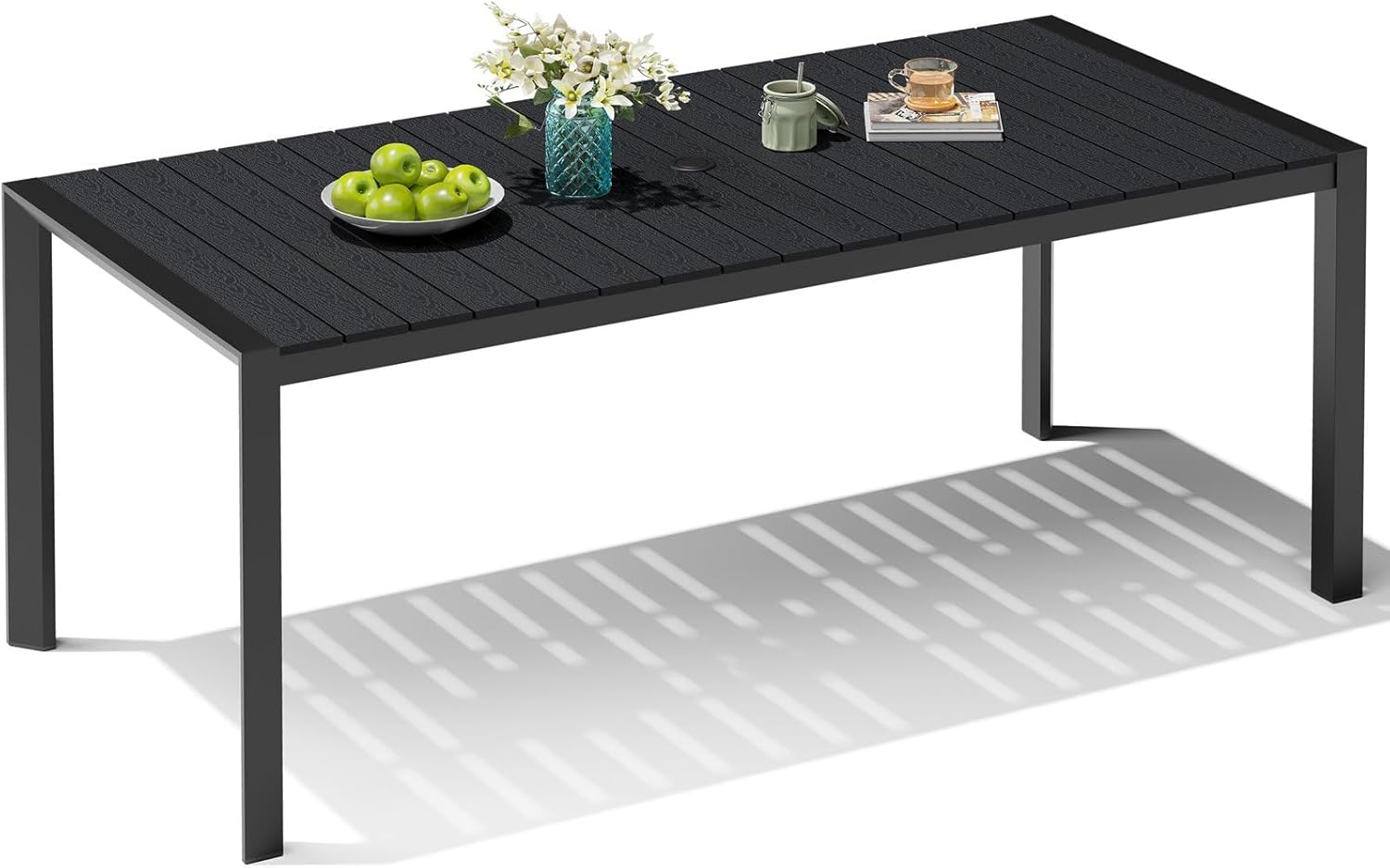 Crestlive Products Outdoor Dining Table for 6, 71in Rectangle Patio Dining Table with Umbrella Hole Weather-Resistant Aluminum Outside Table with Wood-Like Tabletop for Garden Backyard Indoor, Black