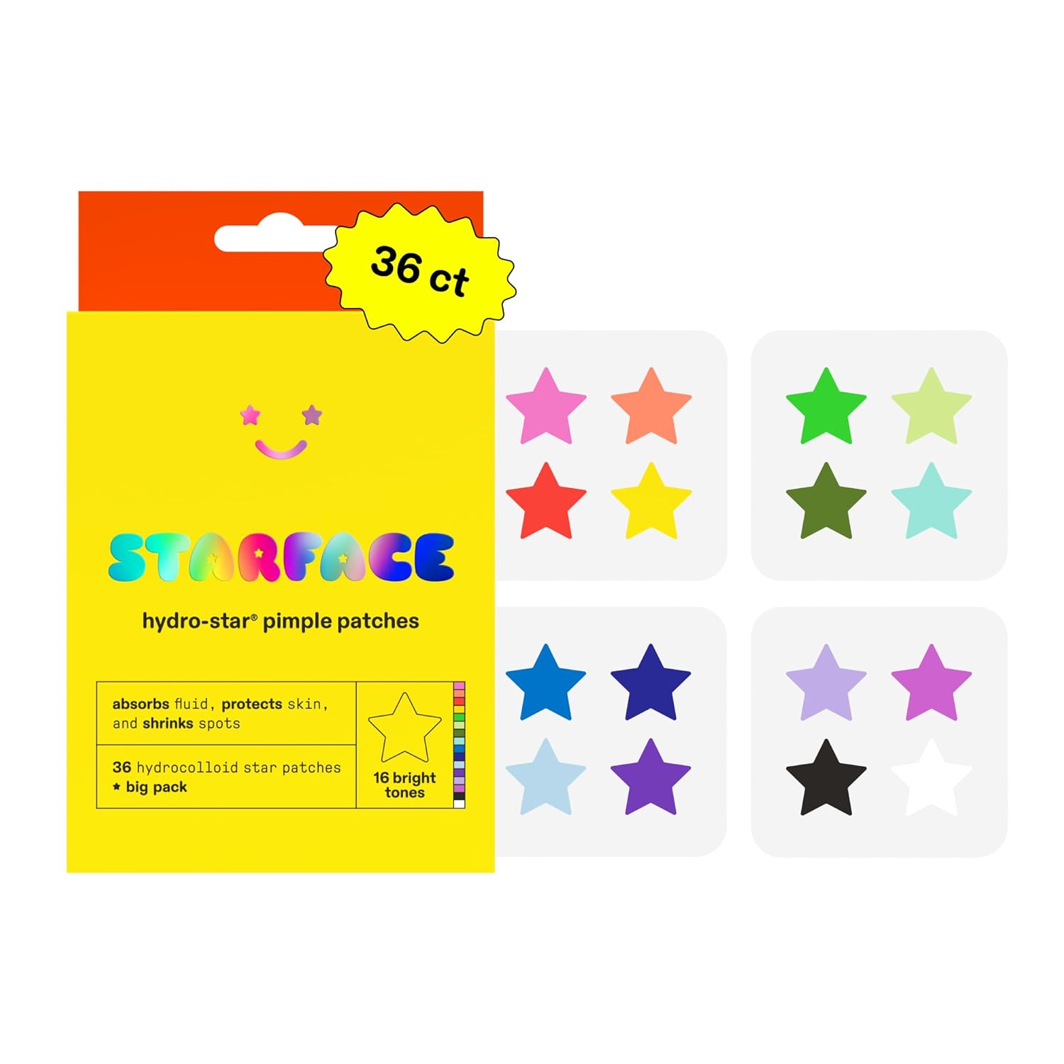 Starface Hydro-Star® Play Pack Pimple Patches, Hydrocolloid, Clinically Proven Spot Shrinking in 6 Hours, Absorb Fluid, Reduce Redness, 16 Fun Colors, Vegan, Cruelty-Free Skincare (36 Count)