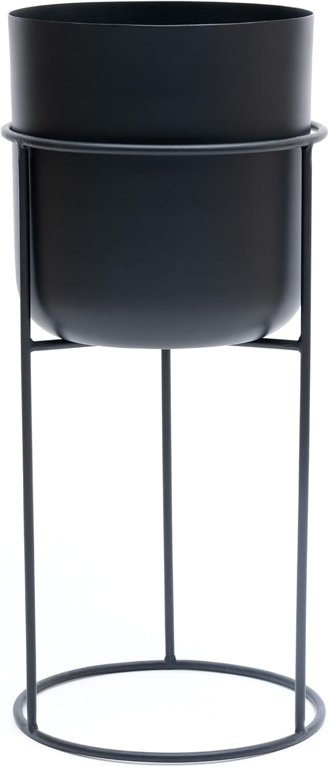 Olly & Rose Matt Metal Plant Pot with Black Plant Stand - Tall 50cm Large Plant Pot Indoors with Stand - Large Decorative Planter (Black, Tall 50cm)