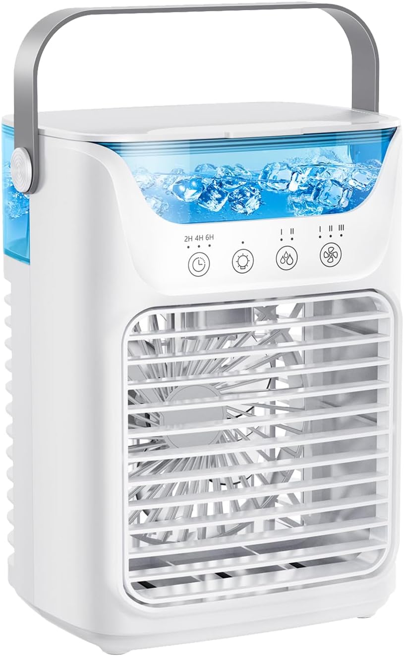 Portable Air Cooler, 4-in-1 Mini Air Cooler With 3 Wind Speed & RGB 7 LED Light & 700ml Water Tank 2-6H Timer, Air Conditioner for Home, Office, Bedroom [Energy Class A+]
