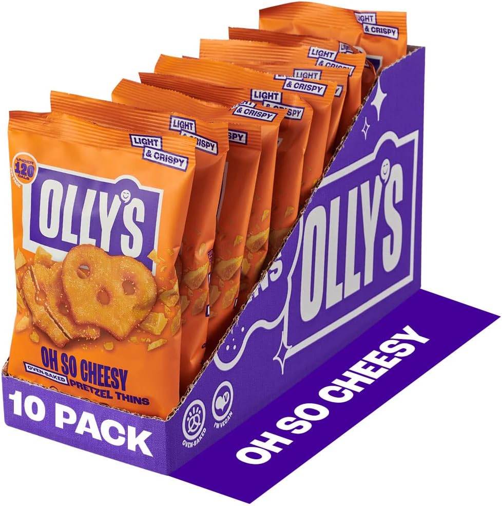 Olly's Pretzel Thins, Oh So Cheesy, 35g (Pack of 10), Handy Snack Pouches, Healthy Plant-Based Vegan Snacks for Dipping, Low Calorie Snacks, Low Fat, Source of Fibre, No Preservatives