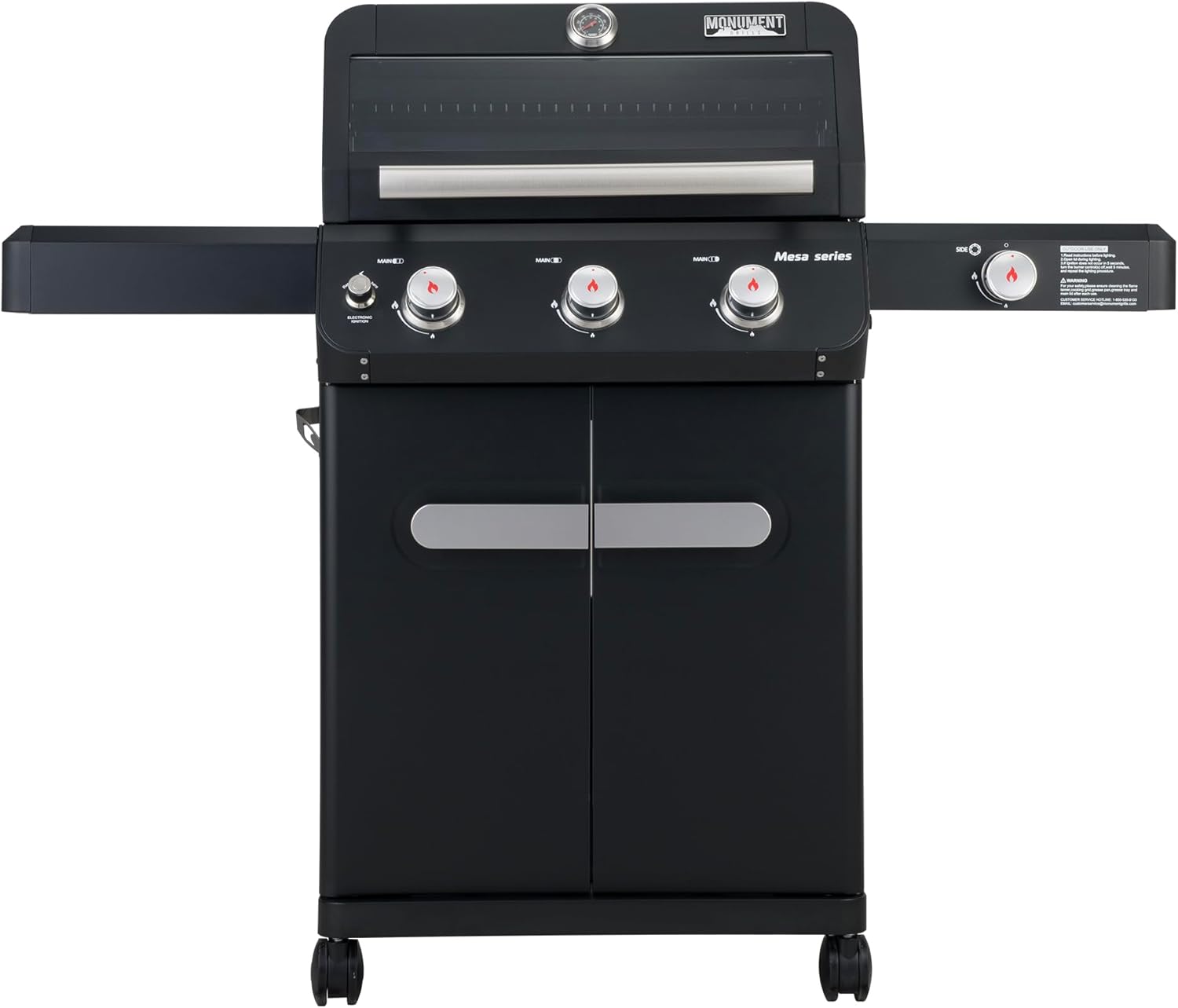 Monument Grills 3+1 Outdoor Barbecue Stainless Steel Propane Gas Grill, 3 Burners & 1 Side Burner 48,000 BTU Patio Garden Grill with Knob Controls, Mesa325, Black