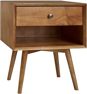 Walker Edison Mid Century Modern Wood Nightstand Side Table Bedroom Storage Drawer and Shelf Bedside End Table, 1 Drawer, Caramel