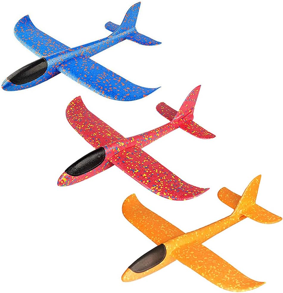Xihuimay 3 Packs Airplane Toy Large Throwing Foam Plane Dual Flight Mode Aeroplane Gliders Flying Aircraft Gifts for Kids Outdoor Yard Sport Game Toys Birthday Party Favors, Red Blue Orange